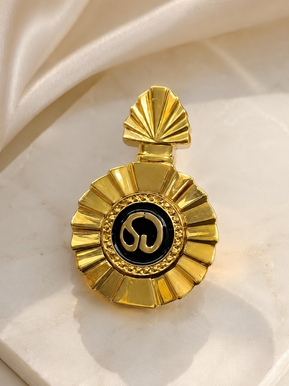St. John Gold-Tone Enamel Sunburst Brooch Pin | Black & Gold Statement Designer